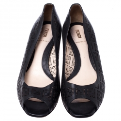 Pre Owned Fendi Black Perforated Leather Peep Toe Pumps Size 38