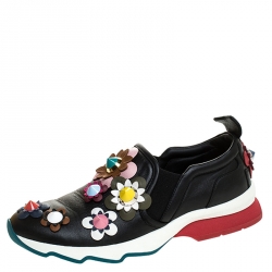 Fendi Black Leather Flowerland Slip On Sneakers Size 37