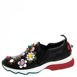 Pre Owned Fendi Black Leather Flowerland Slip On Sneakers Size 37