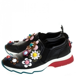 Pre Owned Fendi Black Leather Flowerland Slip On Sneakers Size 37