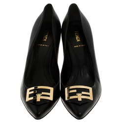 Pre Owned Fendi Black Leather Logo Detail Pointed Toe Pumps Size 39