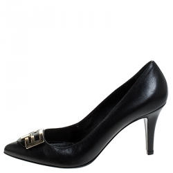 Pre Owned Fendi Black Leather Logo Detail Pointed Toe Pumps Size 39