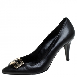 Pre Owned Fendi Black Leather Logo Detail Pointed Toe Pumps Size 39