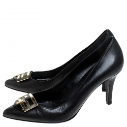 Pre Owned Fendi Black Leather Logo Detail Pointed Toe Pumps Size 39