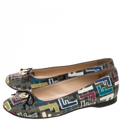 Pre Owned Fendi Black Multicolor Zucca Canvas Spalmati Bow Ballet Flats Size 38.5