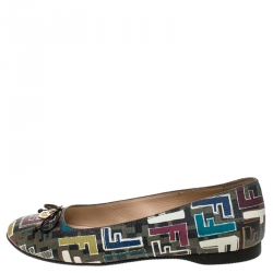 Pre Owned Fendi Black Multicolor Zucca Canvas Spalmati Bow Ballet Flats Size 38.5