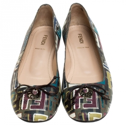 Pre Owned Fendi Black Multicolor Zucca Canvas Spalmati Bow Ballet Flats Size 38.5
