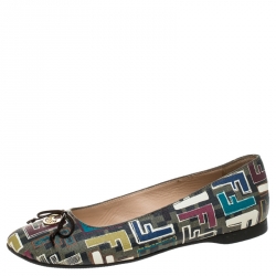Pre Owned Fendi Black Multicolor Zucca Canvas Spalmati Bow Ballet Flats Size 38.5