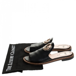 Pre Owned Fendi Black Leather Logo Open Toe Flats Sandals Size 37.5