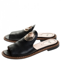 Pre Owned Fendi Black Leather Logo Open Toe Flats Sandals Size 37.5
