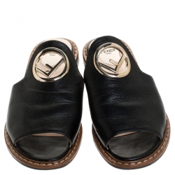 Pre Owned Fendi Black Leather Logo Open Toe Flats Sandals Size 37.5