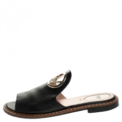 Pre Owned Fendi Black Leather Logo Open Toe Flats Sandals Size 37.5