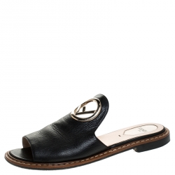 Pre Owned Fendi Black Leather Logo Open Toe Flats Sandals Size 37.5