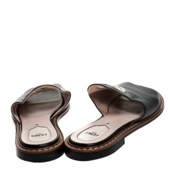 Pre Owned Fendi Black Leather Logo Open Toe Flats Sandals Size 37.5