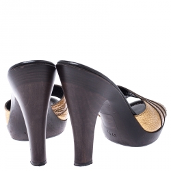 Pre Owned Fendi Gold Textured Leather Open Toe Wooden Platform Slides Size 37.5