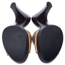 Pre Owned Fendi Gold Textured Leather Open Toe Wooden Platform Slides Size 37.5