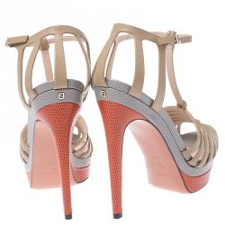 Fendi Tri Color Lizard and Leather Favorite T-Strap Platform Sandals Size 38