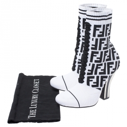 Fendi White/Black Zucca Stretch Knit Lace Ankle Boots Size 37.5