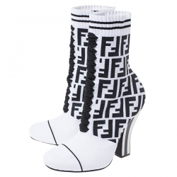 Pre Owned Fendi White/Black Zucca Stretch Knit Lace Ankle Boots Size 37.5