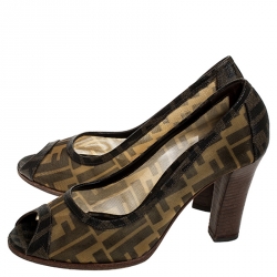 Pre Owned Fendi Zucca Mesh And Zucca Canvas Trim Peep Toe Pumps Size 37