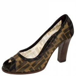 Pre Owned Fendi Zucca Mesh And Zucca Canvas Trim Peep Toe Pumps Size 37