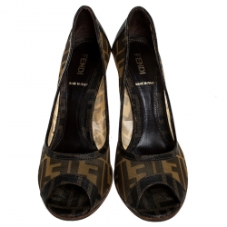 Pre Owned Fendi Zucca Mesh And Zucca Canvas Trim Peep Toe Pumps Size 37