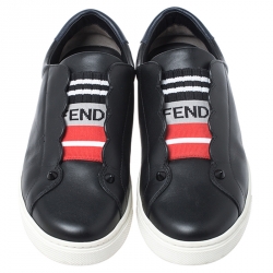 Pre Owned Fendi Black Logo Knit and Leather Rockoclick Slip On Sneakers Size 36