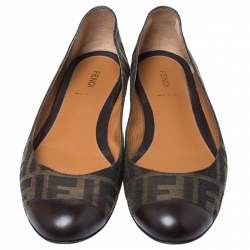 Pre Owned Fendi Brown Zucca Canvas and Leather Cap Toe Ballet Flats Size 40