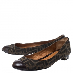 Pre Owned Fendi Brown Zucca Canvas and Leather Cap Toe Ballet Flats Size 40
