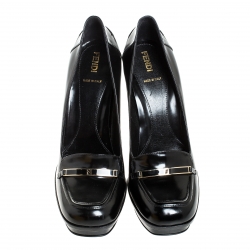Pre Owned Fendi Black Leather Logo Loafer Platform Pumps Size 40