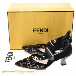 Pre Owned Fendi Black/Grey Leather, PVC And Fabric Colibri Slingback Pumps Size 36
