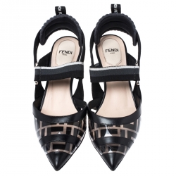 Pre Owned Fendi Black/Grey Leather, PVC And Fabric Colibri Slingback Pumps Size 36