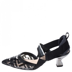 Pre Owned Fendi Black/Grey Leather, PVC And Fabric Colibri Slingback Pumps Size 36