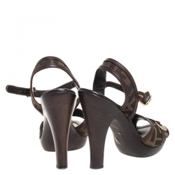 Pre Owned Fendi Tobacco Zucca Canvas And Leather Trim Logo Plaque Peep Toe Slingback Platform Sandals Size 36