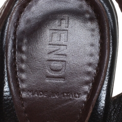 Pre Owned Fendi Tobacco Zucca Canvas And Leather Trim Logo Plaque Peep Toe Slingback Platform Sandals Size 36