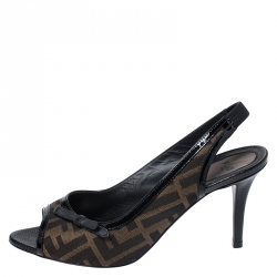 Fendi Tobacco Zucca Canvas And Leather Bow Peep Toe Slingback Sandals Size 39.5