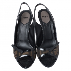 Fendi Tobacco Zucca Canvas And Leather Bow Peep Toe Slingback Sandals Size 39.5