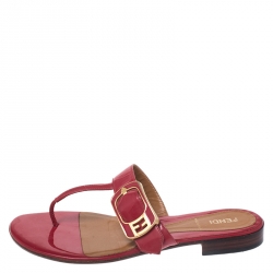 Pre Owned Fendi Red Patent Leather Buckle Thong Slide Flats Size 37.5