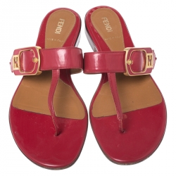 Pre Owned Fendi Red Patent Leather Buckle Thong Slide Flats Size 37.5