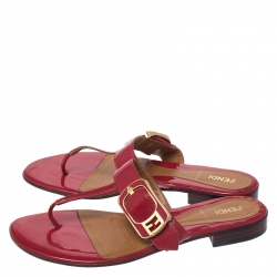 Pre Owned Fendi Red Patent Leather Buckle Thong Slide Flats Size 37.5
