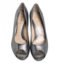 Pre Owned Fendi Gunmetal Lamé Fabric Zucchino Heel Peep Toe Platform Pumps Size 39
