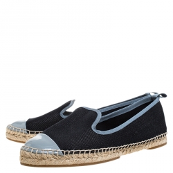 Pre Owned Fendi Black Denim And Grey Patent Leather Junia Cap Toe Espadrilles Loafers Size 37
