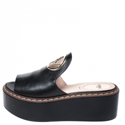 Fendi Black Leather F Logo Platform Sandals Size 37