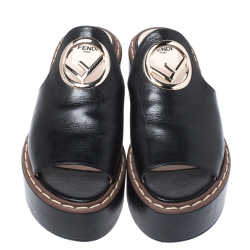 Fendi Black Leather F Logo Platform Sandals Size 37