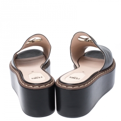 Fendi Black Leather F Logo Platform Sandals Size 37