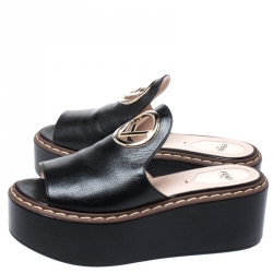 Fendi Black Leather F Logo Platform Sandals Size 37