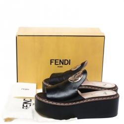 Fendi Black Leather F Logo Platform Sandals Size 37