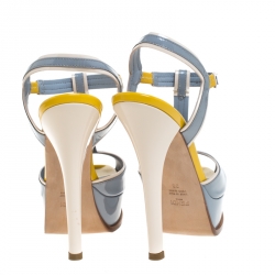 Pre Owned Fendi Grey/Beige Patent Leather T Strap Platform Sandals Size 38