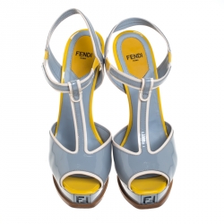 Pre Owned Fendi Grey/Beige Patent Leather T Strap Platform Sandals Size 38