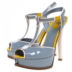 Pre Owned Fendi Grey/Beige Patent Leather T Strap Platform Sandals Size 38